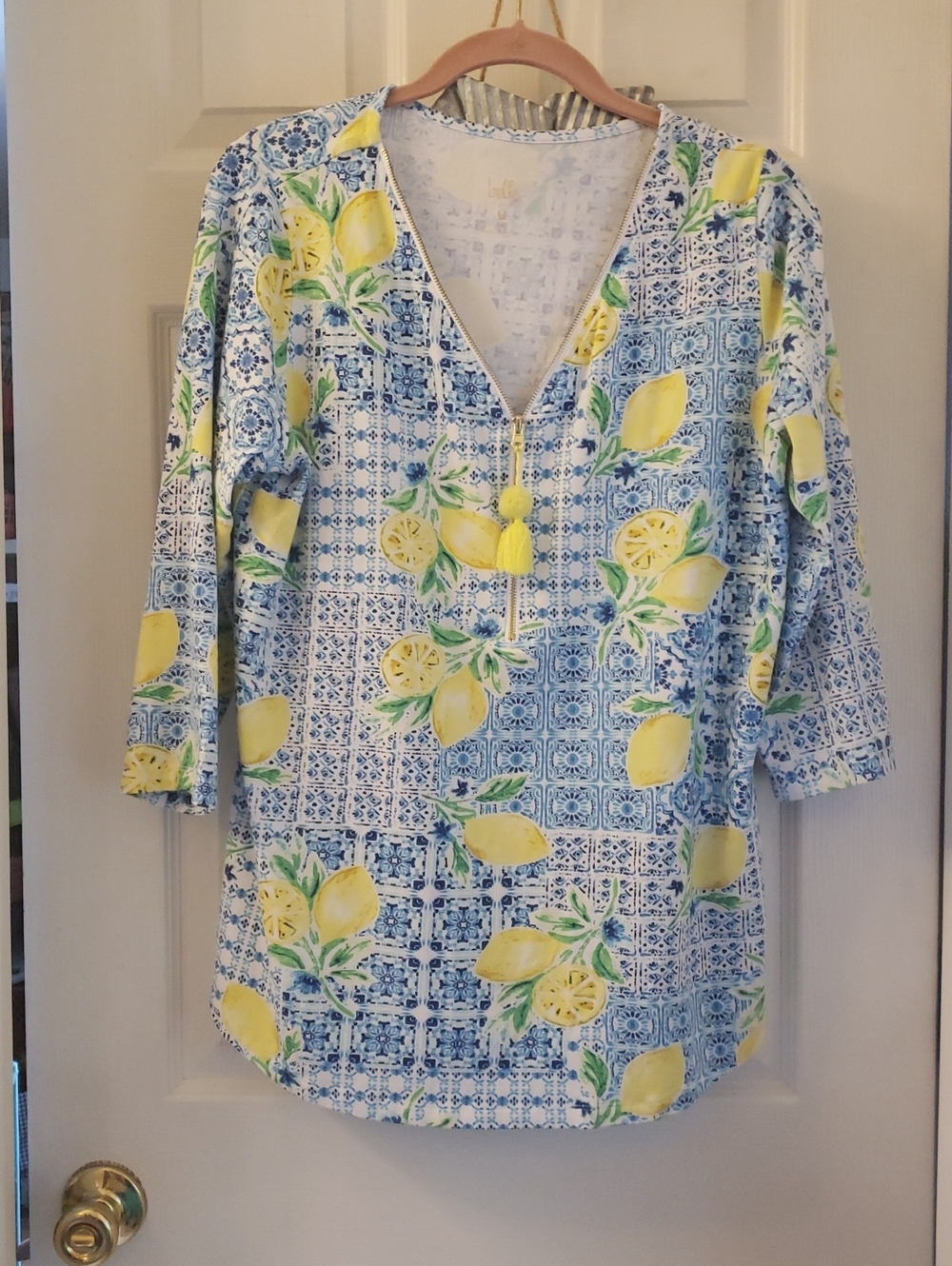 Belle by Kim Gravel Blue Tile & Yellow Lemon V-Neck Tunic